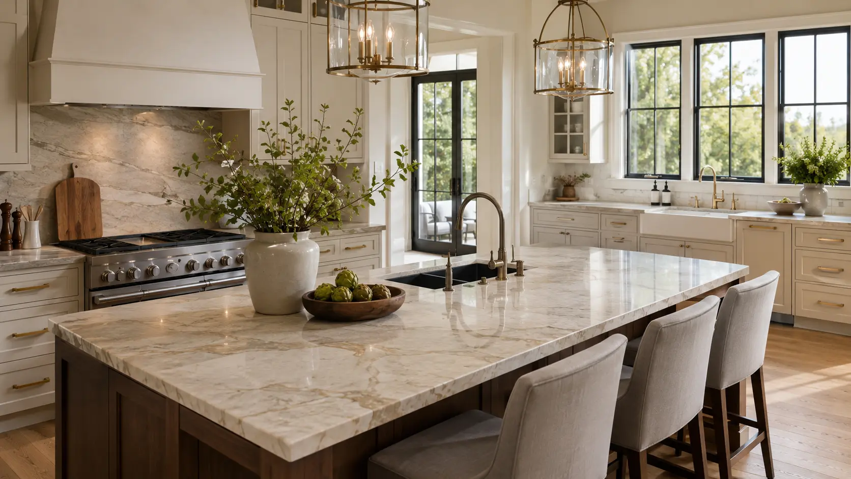 best-quartzite-colors-and-patterns-kitchen-countertops-cover Best quartzite colors and patterns for kitchen countertops shown in a luxury modern kitchen