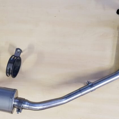 Benelli BN125 De-Cat Down-Pipe header & Exhaust UK Made benelli bn125 exhaust side view