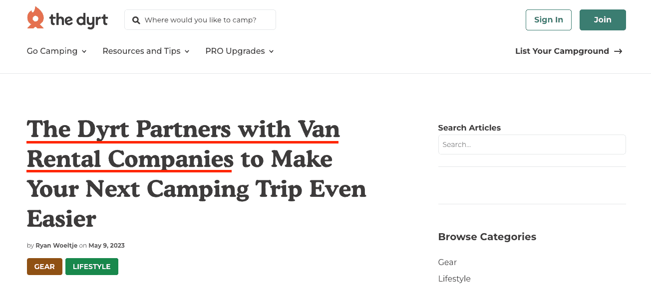 How to Align Influencers and Affiliates to Your Marketing Strategy 2 Screenshot of PR annoucnment of partnership with The Dyrt and Cruise America.