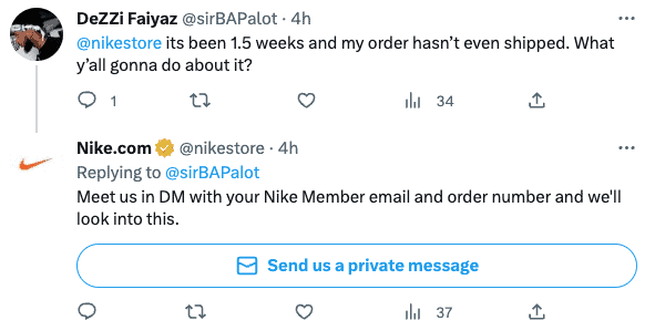 Dealing With Bad Online Store Reviews? 5 Ways to Turn Them Into Advantages 3 Nike customer service response on Twitter.