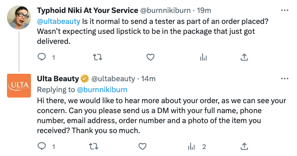 Dealing With Bad Online Store Reviews? 5 Ways to Turn Them Into Advantages 2 Ulta Beauty customer service response on Twitter.