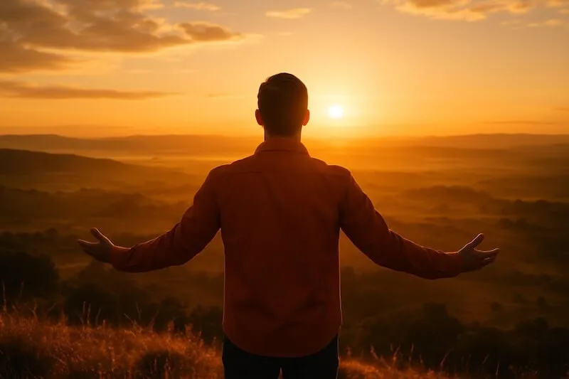 Eine Person steht auf einer Anhöhe mit weitem Blick über eine sonnendurchflutete Landschaft. Die Arme leicht geöffnet, Rückenansicht. Die Szene symbolisiert Klarheit, Perspektive und Aufbruch in eine neue Führungsrolle. Warmes, natürliches Licht, inspirierend und hoffnungsvoll.