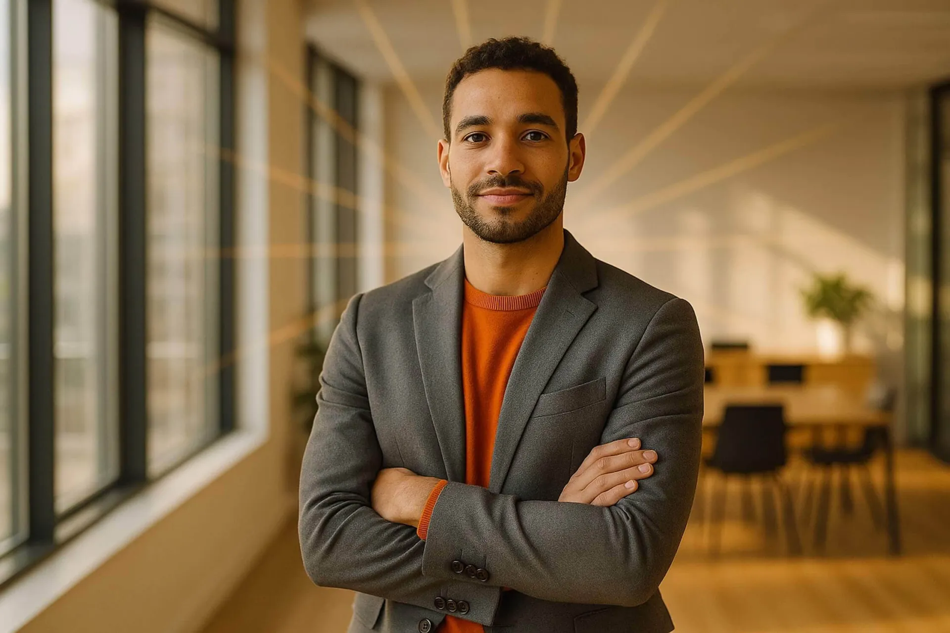 Ein realistisches Foto einer jungen neuen Führungskraft, die selbstbewusst in einem hellen, modernen Büro steht. Hinter ihr strahlen sieben feine Lichtstrahlen hervor, die Eigenschaften einer Führungskraft symbolisieren (Empathie, Klarheit, Mut, Selbstreflexion, Kommunikation, Begeisterungsfähigkeit, Authentizität). Natürliches Licht, warme Farbtöne, inspirierende Atmosphäre, hochauflösende Fotografie.