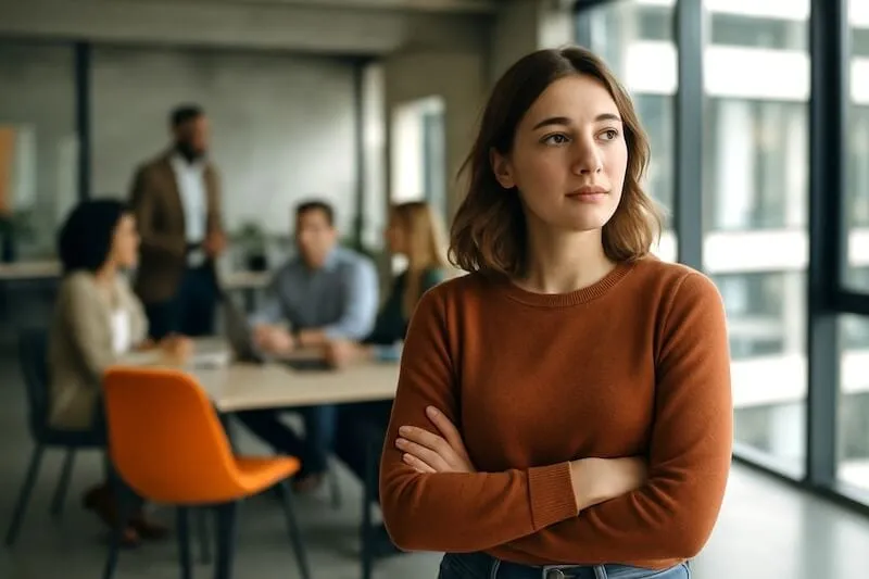Eine junge Frau steht allein in einem modernen Büro, nachdenklich, während im Hintergrund unscharf ein Team zu sehen ist. Emotion: Aufbruch, Unsicherheit und Vorfreude. Realistisch, natürliche Farben.