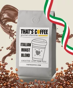 A bag of THAT'S COFFEE Italian Roast Blend, one of our signature coffee blends, is surrounded by coffee beans, a splash of coffee, and an Italian flag ribbon on a light background.
