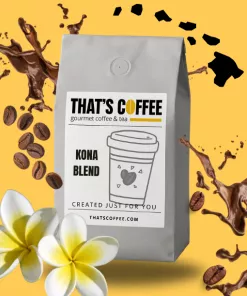 A bag of THAT'S COFFEE Kona Blend with a coffee cup illustration is surrounded by coffee beans, chocolate pieces, splashes, and white flowers on a yellow background, highlighting the rich variety found in premium coffee blends.