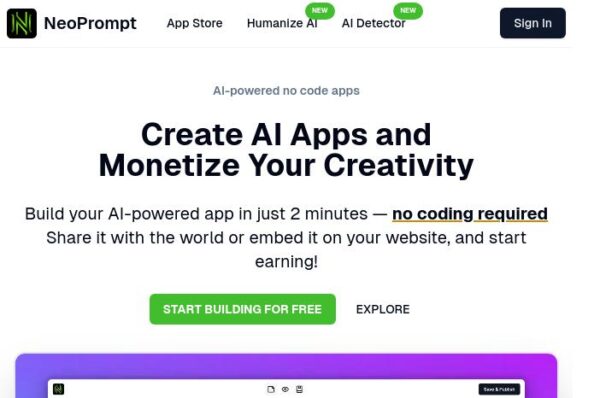 page d'accueil de neoprompt pour crรฉer des applications ia