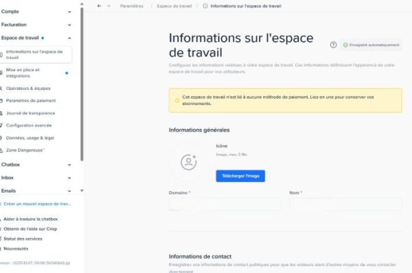 capture d'รฉcran de la page de configuration de l'espace de travail sur crisp. vous pouvez personnaliser les informations de votre espace de travail.