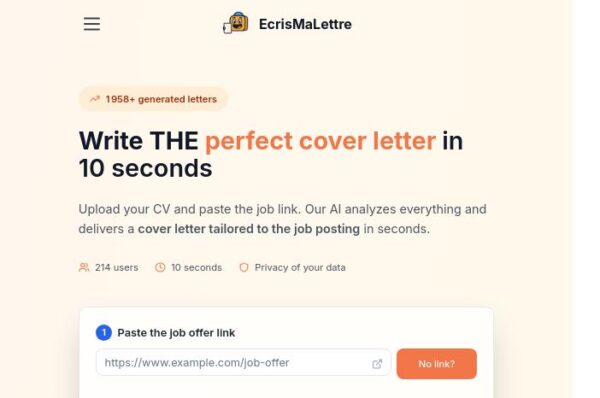 รฉcran d'accueil ecrismalettre outil de crรฉation lettre de motivation