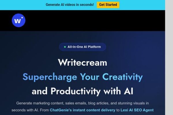 capture d'รฉcran de la plateforme writecream