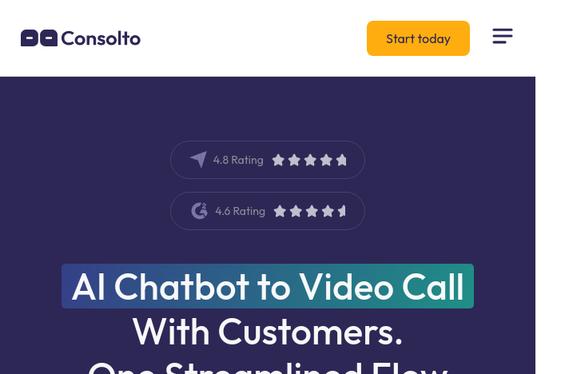capture d'รฉcran du site consolto montrant un chatbot ia pour les appels vidรฉo avec les clients.