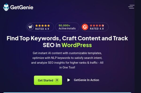 capture d'รฉcran de la page d'accueil de getgenie, outil seo pour wordpress. l'outil propose des fonctionnalitรฉs pour trouver des mots-clรฉs, crรฉer du contenu et suivre le rรฉfรฉrencement.