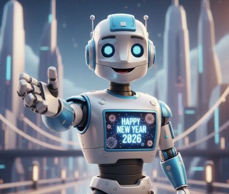 un robot avec un รฉcran qui affiche 'happy new year 2026', il tend la main