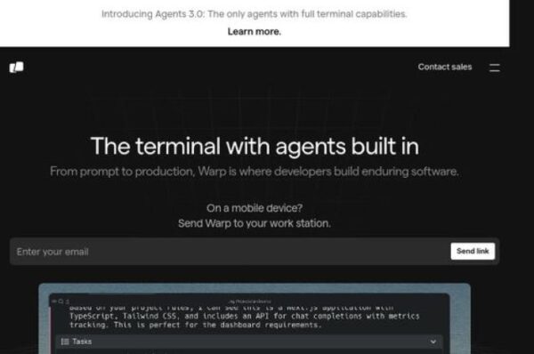 capture d'รฉcran de la page d'accueil de warp, terminal avec agents intรฉgrรฉs.