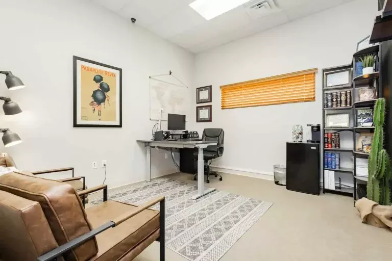 A modern office with a brown leather chair, a desk with a computer, a black office chair, wall art, bookshelves, a window with wooden blinds, a rug, and a tall cactus plant in the corner.