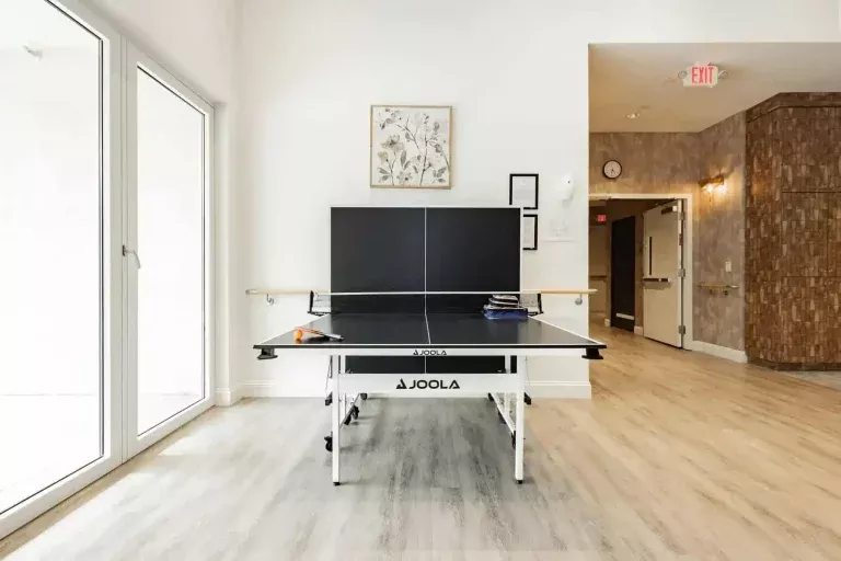 A black Joola ping pong table with paddles and balls sits in a bright room with light wood flooring, white walls, framed art, and large windows. An open doorway leads to a hallway.
