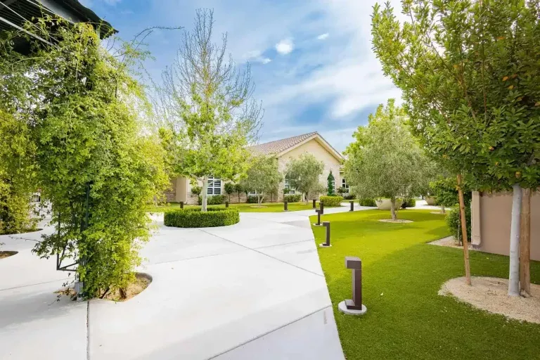 A landscaped yard with a wide concrete walkway, trimmed grass, modern garden lights, manicured bushes, and several trees, leading to a light-colored house under a partly cloudy sky.
