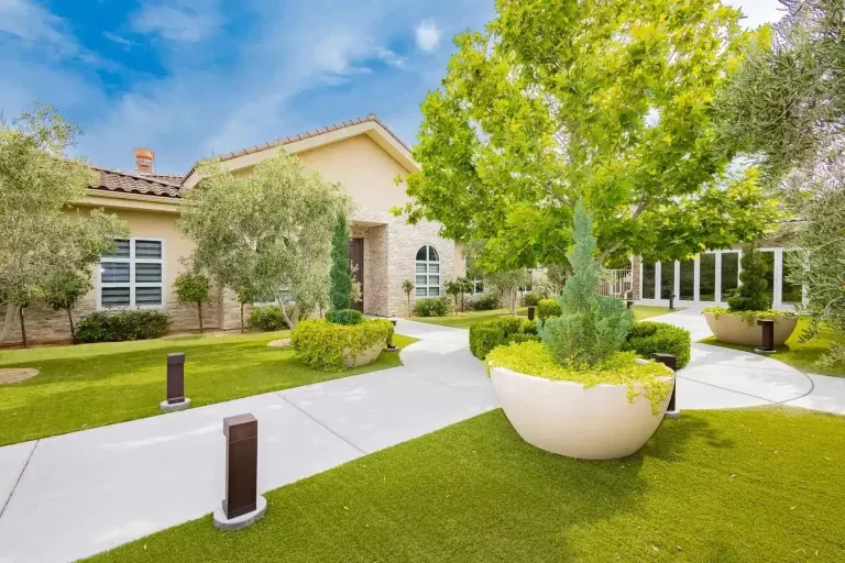A modern house with tan brick exterior, surrounded by well-maintained green lawns, large potted plants, manicured bushes, and tall trees under a bright blue sky.