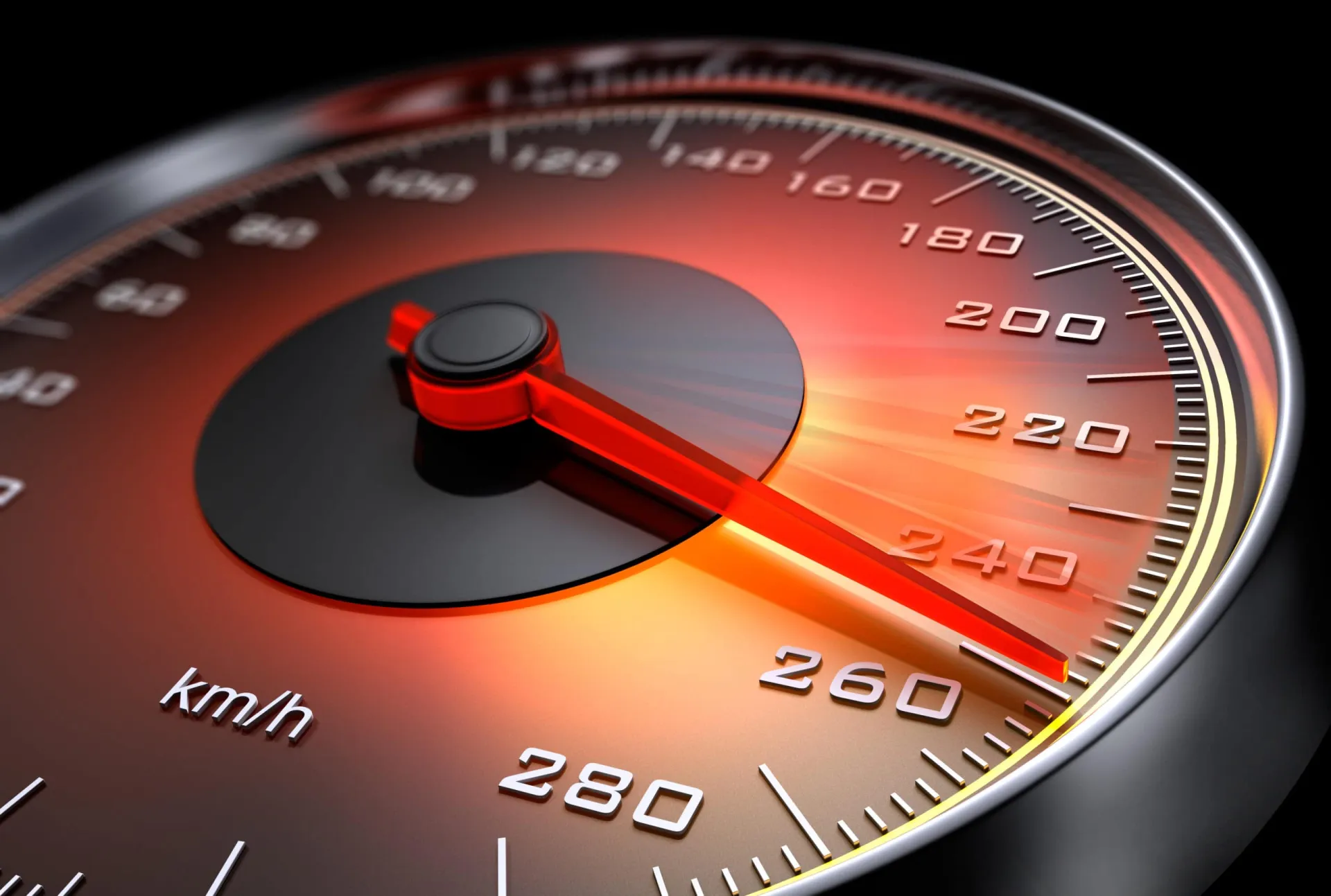 Speedometer showing high speed and acceleration. Accelerating speedometer indicating rapid growth or momentum in sales.