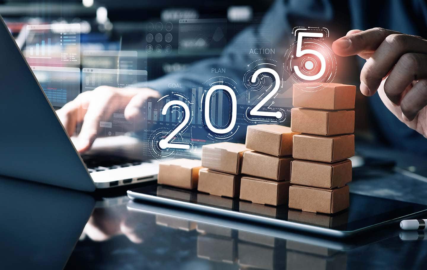 AI and Data-Driven Growth in Lead Generation Computer next to blocks increasing in size with 2025 above them focusing on AI in lead generation