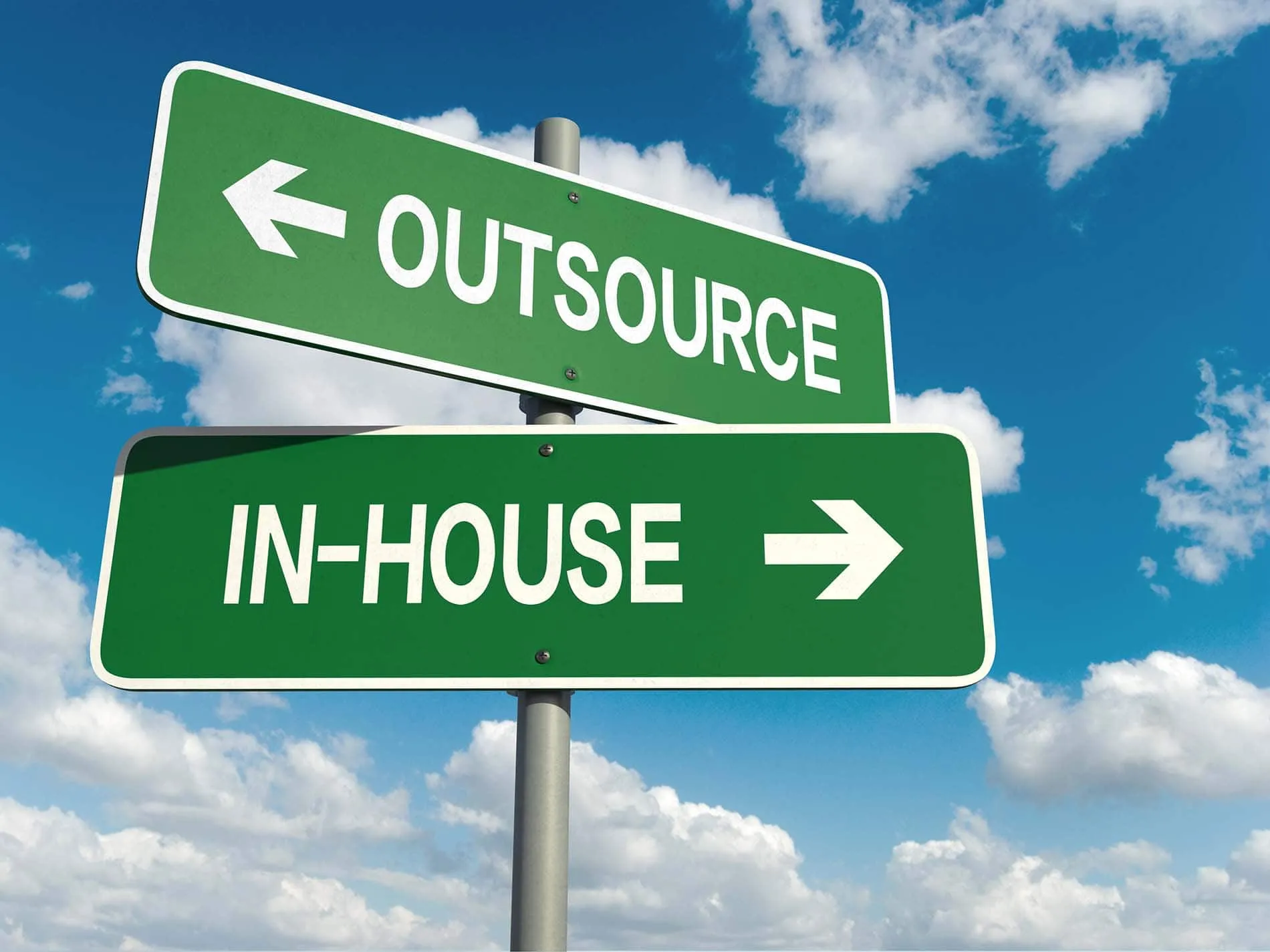 Signs point to Outsourcing Lead Generation and a sign pointing to In-House