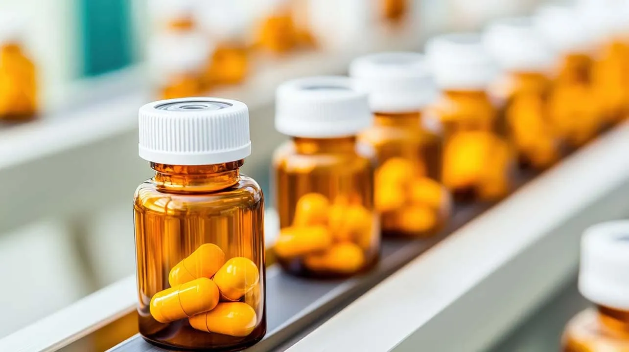 Vaccine Bottles on Production Line Pill bottles lined up
