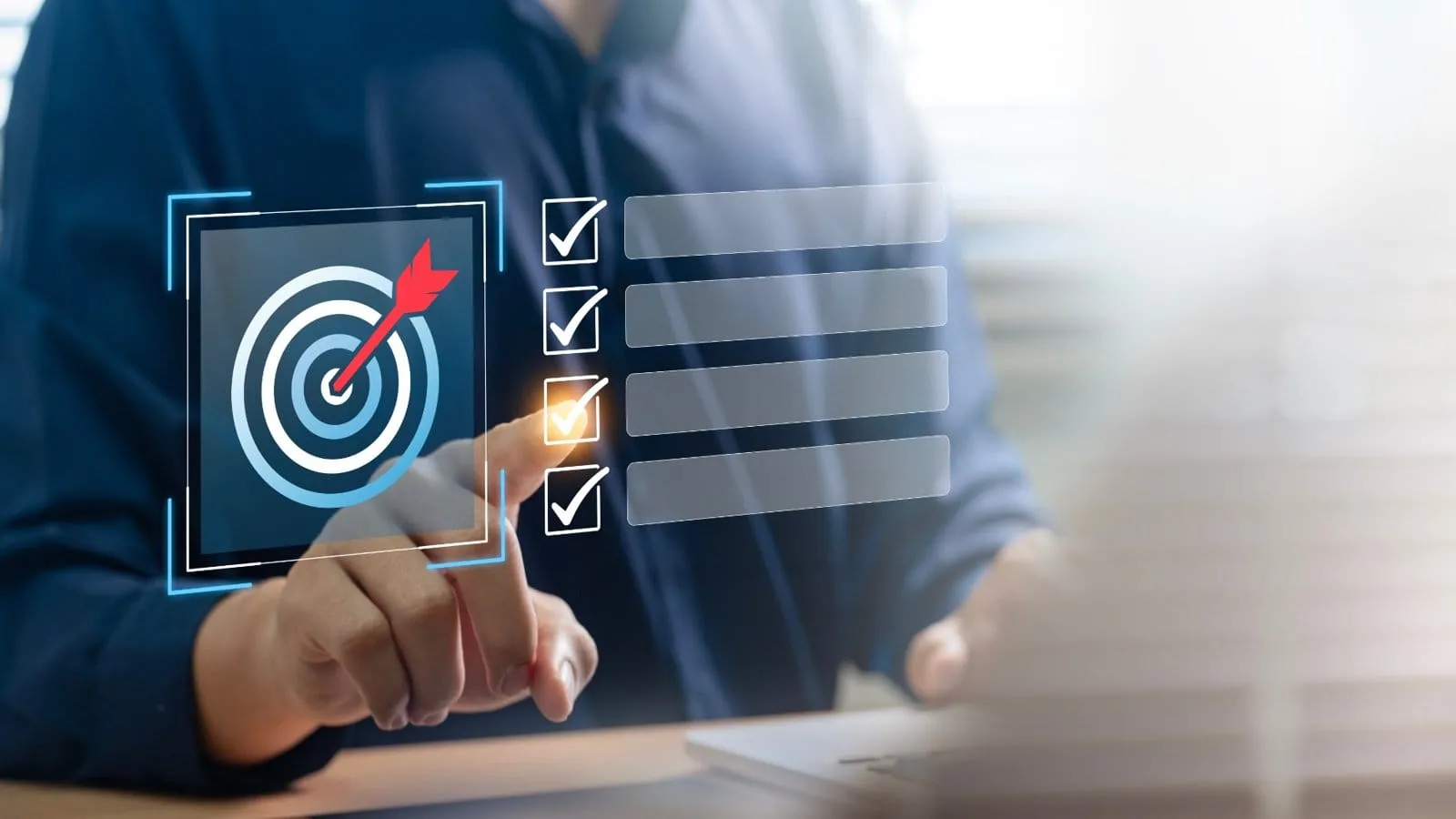 Achieving Sales Goals with Targeted Strategies Business professional selecting a sales target checklist on a digital interface, symbolizing B2B sales goals.