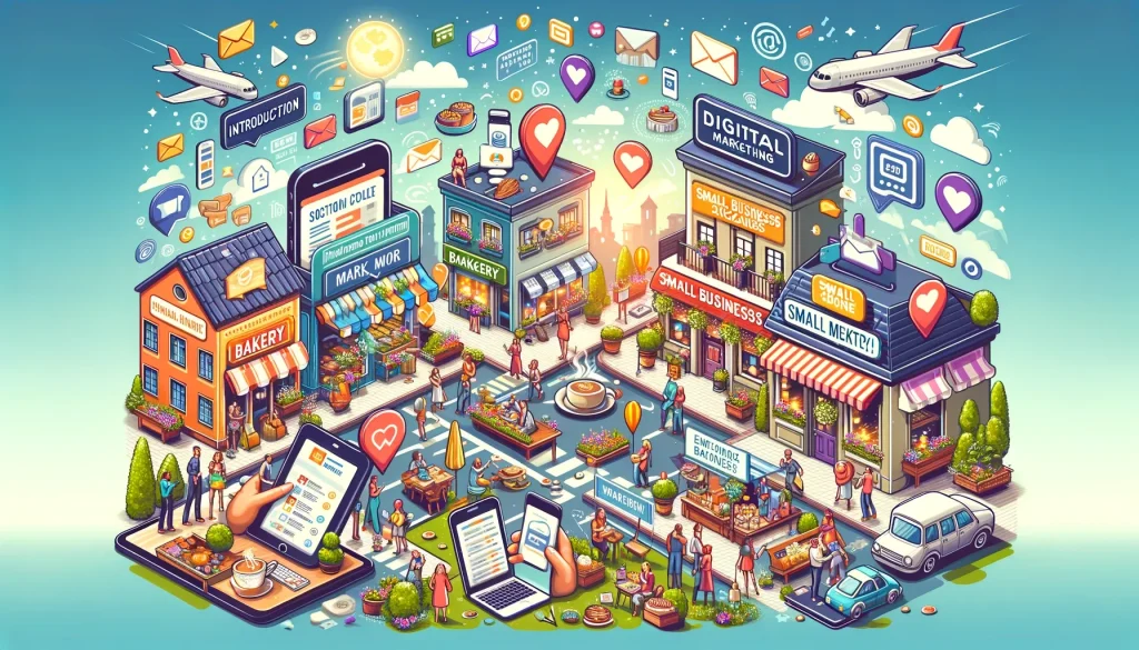 Colorful illustration of a bustling town showing digital marketing elements like emails, notifications, and mobile devices.