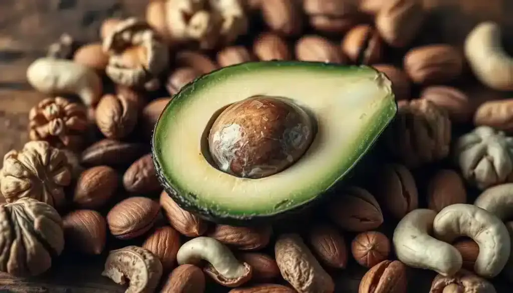 A close-up shot of a ripe, green avocado half with its pit, surrounded by an assortment of various types of nuts, including walnuts, almonds, and cashews, all on a rustic wooden surface. The lighting is soft and natural, creating a warm, earthy atmosphere. The composition emphasizes the contrast between the smooth avocado and the textured nuts, highlighting their different shapes and colors. The overall mood is one of health and caution, subtly conveying the potential danger these foods pose to dogs. A close-up shot of a ripe, green avocado half with its pit, surrounded by an assortment of various types of nuts, including walnuts, almonds, and cashews, all on a rustic wooden surface. The lighting is soft and natural, creating a warm, earthy atmosphere. The composition emphasizes the contrast between the smooth avocado and the textured nuts, highlighting their different shapes and colors. The overall mood is one of health and caution, subtly conveying the potential danger these foods pose to dogs.
