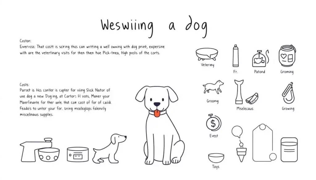 A detailed illustration of the costs associated with owning a dog, including the upfront expenses of acquiring a new canine companion as well as the ongoing maintenance and care required. The image should convey a sense of financial responsibility, with a clean, minimalist aesthetic highlighting key budget items such as veterinary visits, food, grooming, toys, and miscellaneous supplies. Set against a neutral, slightly muted background, the composition should feature clean line drawings or simple icons to represent the various cost categories, arranged in a visually appealing, infographic-style layout. The overall mood should be informative and practical, encouraging the viewer to carefully consider the financial commitment of dog ownership. A detailed illustration of the costs associated with owning a dog, including the upfront expenses of acquiring a new canine companion as well as the ongoing maintenance and care required. The image should convey a sense of financial responsibility, with a clean, minimalist aesthetic highlighting key budget items such as veterinary visits, food, grooming, toys, and miscellaneous supplies. Set against a neutral, slightly muted background, the composition should feature clean line drawings or simple icons to represent the various cost categories, arranged in a visually appealing, infographic-style layout. The overall mood should be informative and practical, encouraging the viewer to carefully consider the financial commitment of dog ownership.