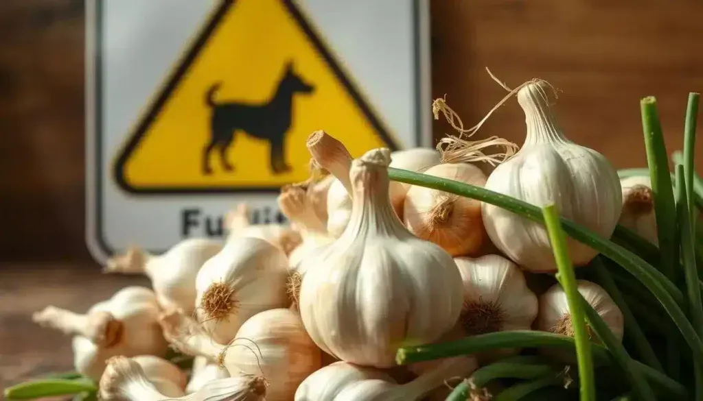 A large, vibrant bunch of garlic and onions, their pungent scents wafting through the air, set against a backdrop of a warning sign featuring a silhouette of a dog. The scene is bathed in a soft, natural lighting, creating a sense of caution and potential danger. The vegetables are captured in meticulous detail, their textures and colors popping, while the dog icon looms ominously, serving as a stark reminder of the hazards these common ingredients pose to our canine companions. The overall composition is balanced and visually striking, drawing the viewer's attention to the central message: the allium family of plants, including garlic and onions, can be highly toxic to dogs. A large, vibrant bunch of garlic and onions, their pungent scents wafting through the air, set against a backdrop of a warning sign featuring a silhouette of a dog. The scene is bathed in a soft, natural lighting, creating a sense of caution and potential danger. The vegetables are captured in meticulous detail, their textures and colors popping, while the dog icon looms ominously, serving as a stark reminder of the hazards these common ingredients pose to our canine companions. The overall composition is balanced and visually striking, drawing the viewer's attention to the central message: the allium family of plants, including garlic and onions, can be highly toxic to dogs.