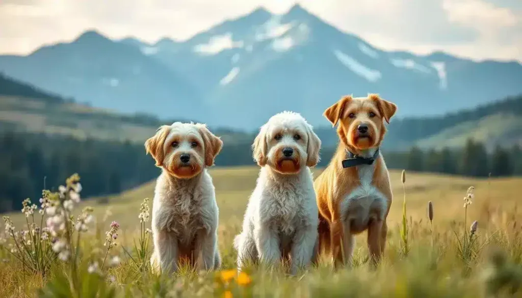 A lush, natural environment with a focus on the health and genetic conditions of dogs. In the foreground, a group of three different breeds - a cockapoo, a labradoodle, and a mixed-breed dog - standing together, their fur gleaming in the soft, diffused lighting. The middle ground features a gently rolling landscape with wildflowers and tall grasses, creating a sense of tranquility. In the background, a towering mountain range rises, its peaks capped with snow, symbolizing the challenges and complexities of canine health issues. The overall scene conveys a sense of harmony, highlighting the importance of understanding the unique genetic traits and common ailments that can affect different dog breeds. A lush, natural environment with a focus on the health and genetic conditions of dogs. In the foreground, a group of three different breeds - a cockapoo, a labradoodle, and a mixed-breed dog - standing together, their fur gleaming in the soft, diffused lighting. The middle ground features a gently rolling landscape with wildflowers and tall grasses, creating a sense of tranquility. In the background, a towering mountain range rises, its peaks capped with snow, symbolizing the challenges and complexities of canine health issues. The overall scene conveys a sense of harmony, highlighting the importance of understanding the unique genetic traits and common ailments that can affect different dog breeds.