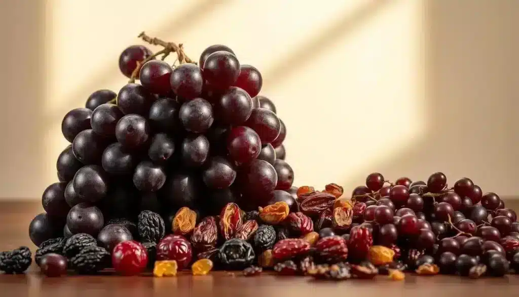 A photorealistic still life depicting a cluster of deep purple grapes, plump raisins, and a scattering of dried currants against a neutral background. The fruit is arranged with careful attention to composition, casting soft shadows and bathed in warm, natural lighting from an unseen window. The scene conveys a sense of danger and toxicity, with the vibrant colors and lush textures belying the deadly nature of these seemingly innocuous foods for canine companions. The image should effectively illustrate the potential hazards of these common household items for dogs, as described in the article's section title. A photorealistic still life depicting a cluster of deep purple grapes, plump raisins, and a scattering of dried currants against a neutral background. The fruit is arranged with careful attention to composition, casting soft shadows and bathed in warm, natural lighting from an unseen window. The scene conveys a sense of danger and toxicity, with the vibrant colors and lush textures belying the deadly nature of these seemingly innocuous foods for canine companions. The image should effectively illustrate the potential hazards of these common household items for dogs, as described in the article's section title.