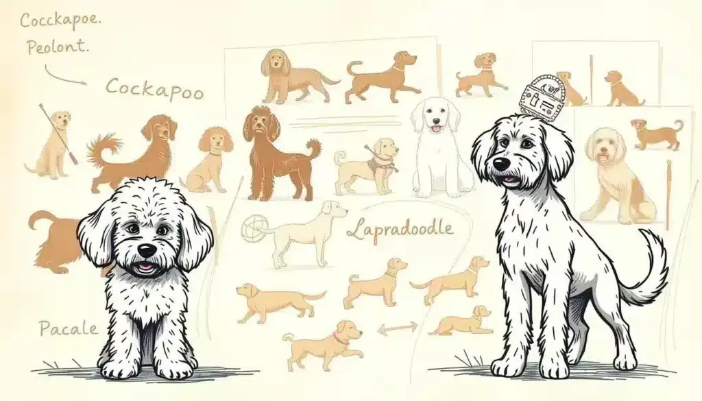A whimsical doodle illustration depicting the historical origins and development of different dog breeds, with a focus on the cockapoo and labradoodle. The foreground features stylized sketches of these two hybrid breeds, with playful poses and expressive features. The middle ground showcases a collage of vintage silhouettes and line drawings representing the purebred ancestors, such as the poodle and cocker spaniel. The background is a vibrant, textured field of brushstrokes and scribbles, creating a dynamic, hand-drawn aesthetic. The overall mood is one of lighthearted exploration, capturing the shared heritage and unique characteristics of these popular designer dogs. Rendered in a warm, sepia-toned color palette with soft, hazy lighting to evoke a nostalgic, historical feel. A whimsical doodle illustration depicting the historical origins and development of different dog breeds, with a focus on the cockapoo and labradoodle. The foreground features stylized sketches of these two hybrid breeds, with playful poses and expressive features. The middle ground showcases a collage of vintage silhouettes and line drawings representing the purebred ancestors, such as the poodle and cocker spaniel. The background is a vibrant, textured field of brushstrokes and scribbles, creating a dynamic, hand-drawn aesthetic. The overall mood is one of lighthearted exploration, capturing the shared heritage and unique characteristics of these popular designer dogs. Rendered in a warm, sepia-toned color palette with soft, hazy lighting to evoke a nostalgic, historical feel.