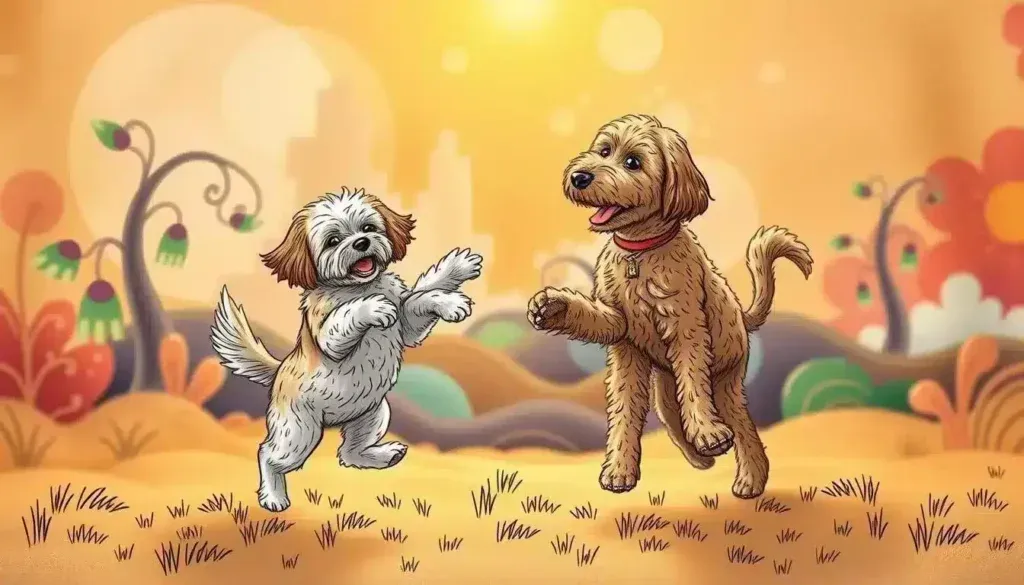 A whimsical doodle scene featuring two playful canine companions, a cockapoo and a labradoodle, set against a vibrant backdrop. The foreground depicts the two dogs in a lively dance, their contrasting sizes and coat textures highlighted in a dynamic, hand-drawn style. The middle ground showcases a lush, abstract landscape with swirling patterns and organic shapes, evoking a sense of playfulness and energy. The background is filled with a warm, golden glow, creating a cozy and inviting atmosphere. The lighting is soft and diffused, emphasizing the playful nature of the scene. The overall composition is balanced and visually engaging, perfectly capturing the size and weight differences between the two dog breeds. A whimsical doodle scene featuring two playful canine companions, a cockapoo and a labradoodle, set against a vibrant backdrop. The foreground depicts the two dogs in a lively dance, their contrasting sizes and coat textures highlighted in a dynamic, hand-drawn style. The middle ground showcases a lush, abstract landscape with swirling patterns and organic shapes, evoking a sense of playfulness and energy. The background is filled with a warm, golden glow, creating a cozy and inviting atmosphere. The lighting is soft and diffused, emphasizing the playful nature of the scene. The overall composition is balanced and visually engaging, perfectly capturing the size and weight differences between the two dog breeds.