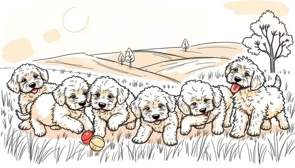 A whimsical doodle showcasing a playful pack of cockapoo and labradoodle pups, frolicking against a warm, sun-dappled backdrop. The fluffy, curly-coated canines are captured in a variety of charming poses - snuggling, chasing after toys, and nuzzling one another. The foreground is filled with expressive, sketch-like linework, while the middle ground features a soft, impressionistic landscape of rolling hills and trees. Hints of color - soft peaches, gentle greens, and sunny yellows - add vibrancy to the scene. The overall mood is one of joy, warmth, and the unbridled energy of these beloved designer dog breeds. A whimsical doodle showcasing a playful pack of cockapoo and labradoodle pups, frolicking against a warm, sun-dappled backdrop. The fluffy, curly-coated canines are captured in a variety of charming poses - snuggling, chasing after toys, and nuzzling one another. The foreground is filled with expressive, sketch-like linework, while the middle ground features a soft, impressionistic landscape of rolling hills and trees. Hints of color - soft peaches, gentle greens, and sunny yellows - add vibrancy to the scene. The overall mood is one of joy, warmth, and the unbridled energy of these beloved designer dog breeds.