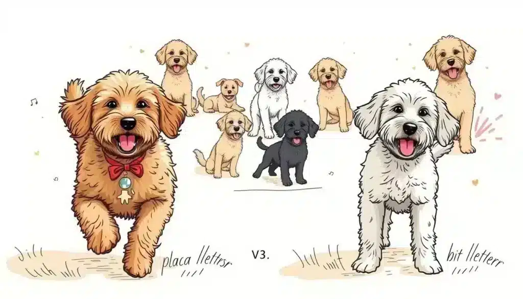 A whimsical doodle-style illustration depicting the temperament and behavior of two playful doodle dog breeds, cockapoo and labradoodle. In the foreground, the dogs are happily frolicking, their fluffy fur and wagging tails conveying a lively and affectionate demeanor. In the middle ground, the dogs are shown in various poses, showcasing their intelligent, sociable, and eager-to-please personalities. The background features a loose, hand-drawn style with sketchy lines and splashes of color, creating a warm and inviting atmosphere. The lighting is soft and diffused, highlighting the dogs' friendly expressions and the overall mood of the scene. A whimsical doodle-style illustration depicting the temperament and behavior of two playful doodle dog breeds, cockapoo and labradoodle. In the foreground, the dogs are happily frolicking, their fluffy fur and wagging tails conveying a lively and affectionate demeanor. In the middle ground, the dogs are shown in various poses, showcasing their intelligent, sociable, and eager-to-please personalities. The background features a loose, hand-drawn style with sketchy lines and splashes of color, creating a warm and inviting atmosphere. The lighting is soft and diffused, highlighting the dogs' friendly expressions and the overall mood of the scene.