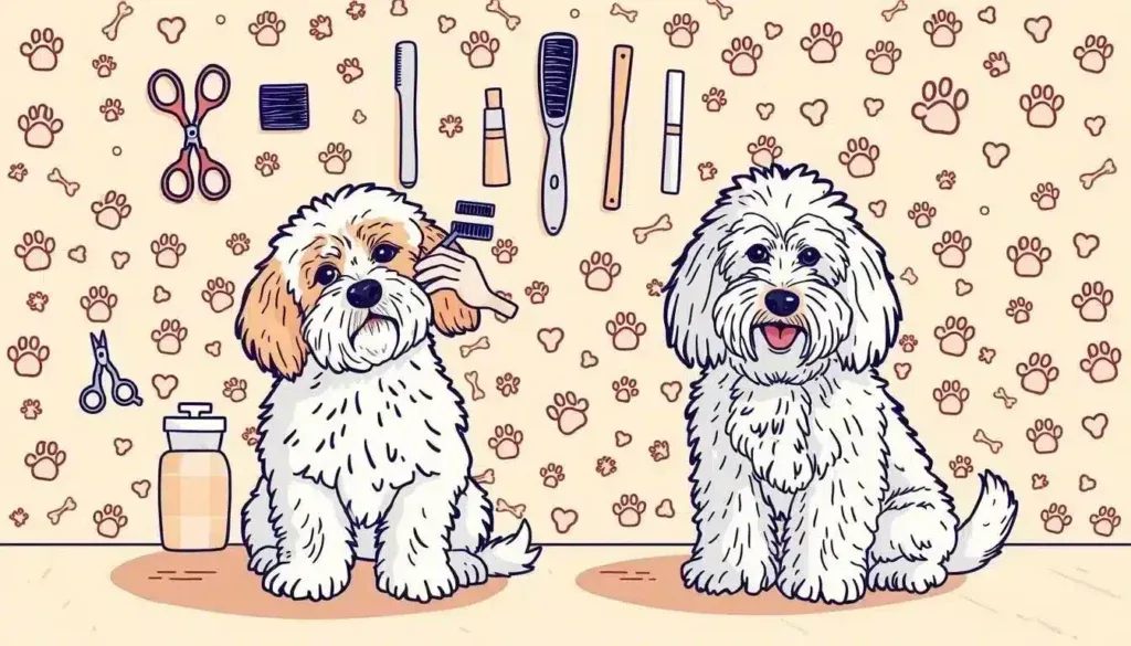 A whimsical doodle-style illustration of a dog grooming session. In the foreground, a fluffy cockapoo and a shaggy labradoodle sit patiently as their owners tenderly brush and trim their coats. The middle ground shows various grooming tools - scissors, combs, and brushes - arranged in an orderly yet playful manner. The background features a cheerful, hand-drawn pattern of paw prints, bones, and other pet-themed motifs, bathed in warm, natural lighting that creates a cozy, inviting atmosphere. The overall mood is one of care, attention, and the special bond between pets and their humans. A whimsical doodle-style illustration of a dog grooming session. In the foreground, a fluffy cockapoo and a shaggy labradoodle sit patiently as their owners tenderly brush and trim their coats. The middle ground shows various grooming tools - scissors, combs, and brushes - arranged in an orderly yet playful manner. The background features a cheerful, hand-drawn pattern of paw prints, bones, and other pet-themed motifs, bathed in warm, natural lighting that creates a cozy, inviting atmosphere. The overall mood is one of care, attention, and the special bond between pets and their humans.