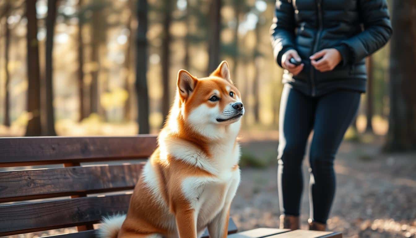 Conseils d'entraรฎnement shiba inu : comment entraรฎner votre chien en 5 รฉtapes? 3 Un shiba inu assis attentivement sur un banc en bois, le regard fixรฉ sur son propriรฉtaire qui se tient ร cรดtรฉ, clicker en main, guidant le chien lors d'une sรฉance d'entraรฎnement. Un รฉclairage naturel lumineux met en valeur le pelage roux du shiba. L'arriรจre-plan est une forรชt floue, รฉvoquant une atmosphรจre paisible propice ร l'entraรฎnement.