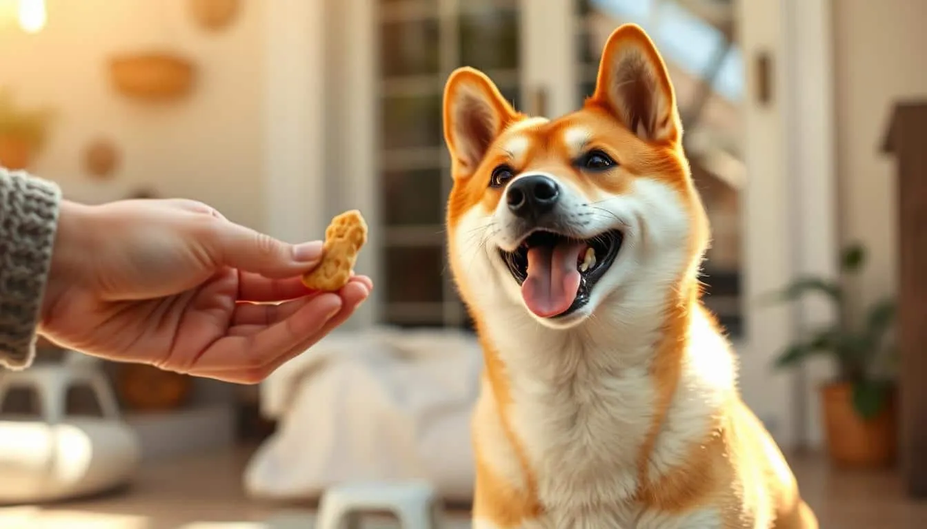 Conseils d'entraรฎnement shiba inu : comment entraรฎner votre chien en 5 รฉtapes? 4 Une scรจne ensoleillรฉe oรน un shiba inu exรฉcute joyeusement un tour, son propriรฉtaire souriant offrant une rรฉcompense. Le langage corporel du chien exprime un enthousiasme obรฉissant. L'arriรจre-plan domestique est cosy, avec un รฉclairage naturel doux, permettant de se concentrer sur la sรฉance d'entraรฎnement positive.
