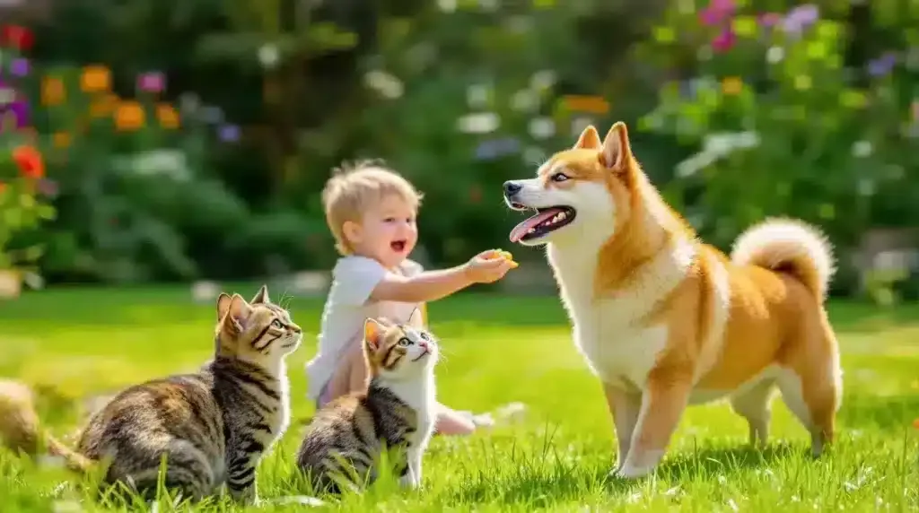 Kan een shiba inu goed overweg met kinderen en andere huisdieren? 2 Een lachend kind zit op het gras in een tuin en reikt naar een blije shiba inu. Twee tabby kittens zitten vlakbij en kijken allemaal naar de hond. Felgekleurde bloemen en groen vullen de achtergrond.