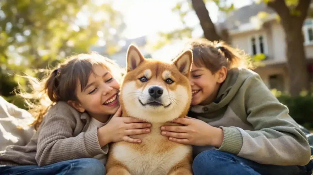 Un shiba inu est-il fidรจle ร son propriรฉtaire et ร sa famille? 2 Deux jeunes filles souriantes assises dehors, cรขlinant un shiba inu. L'arriรจre-plan est composรฉ de verdure et d'une maison, avec la lumiรจre du soleil filtrant ร travers les arbres, crรฉant une atmosphรจre chaleureuse et joyeuse.