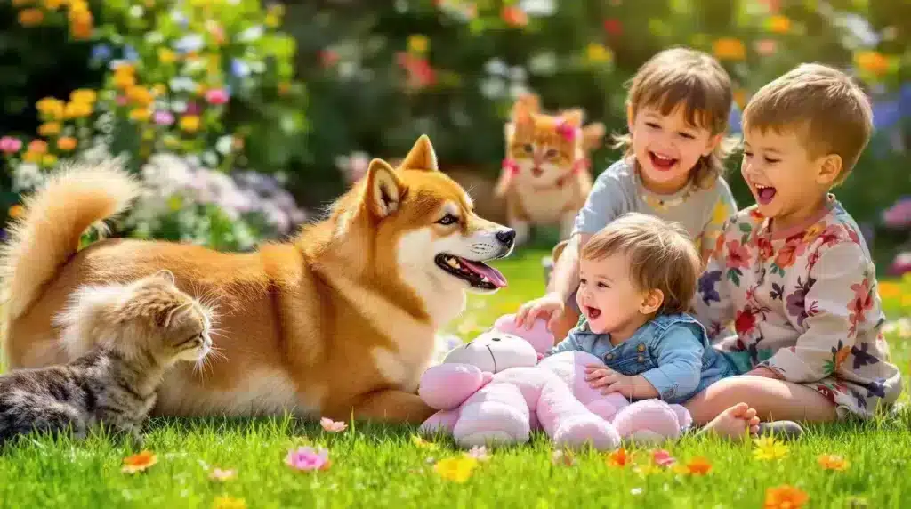 Kan een shiba inu goed overweg met kinderen en andere huisdieren? 1 Shiba inu met kinderen: drie jonge kinderen zitten op het gras in een kleurrijke tuin, lachend en spelend met een pluizige hond, een knuffel en twee katten in de buurt. Bloemen omringen hen en zorgen voor een vrolijk en levendig tafereel.