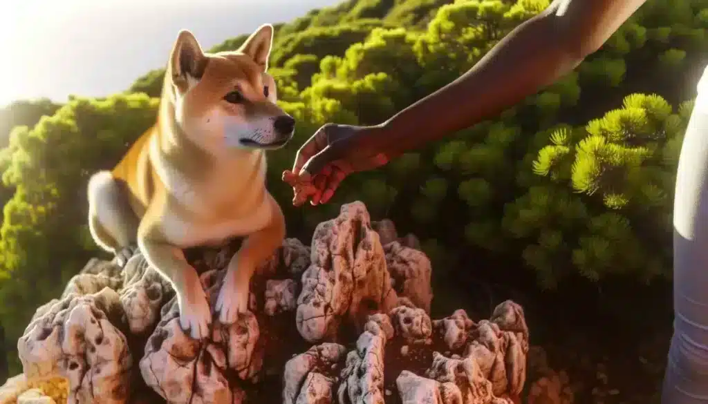 Hoe zelfstandig en onafhankelijk is een shiba inu werkelijk? 2 Een shiba inu zit op rotsachtig terrein, omringd door groen, terwijl een man een traktatie naar de neus van de hond uitstrekt, terwijl het zonlicht het tafereel verlicht.