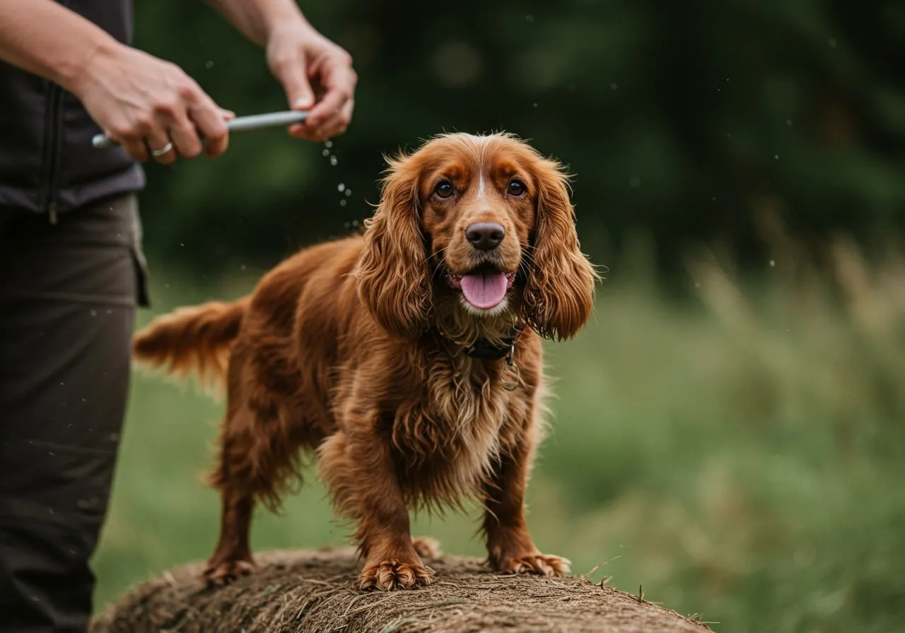 De engelse cocker spaniel karakter: een complete gids voor eigenaren 2 Een engelse cocker spaniel tijdens een trainingssessie, met een alerte maar licht eigenwijze blik