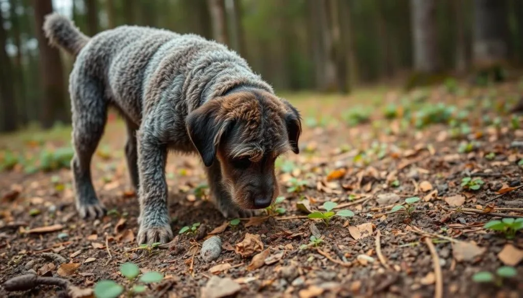 Italian water dog during truffle hunt, displaying natural scenting behavior Italian water dog during truffle hunt, displaying natural scenting behavior