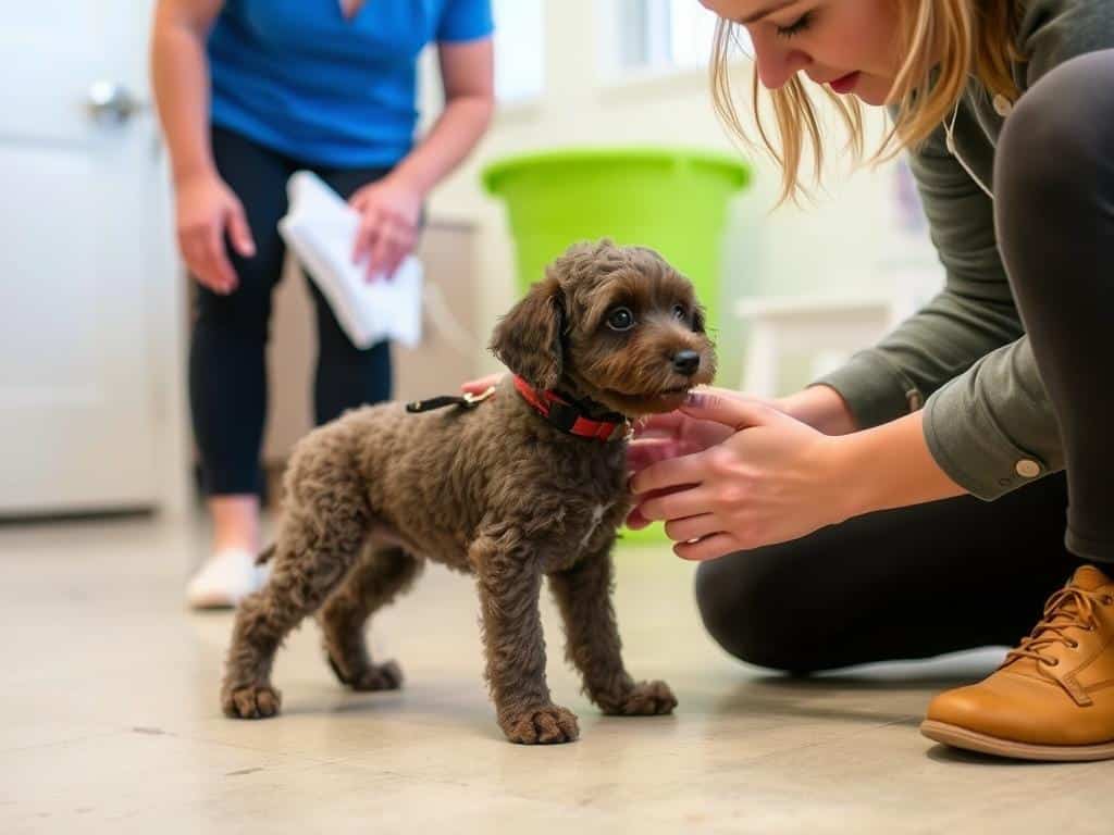 Chiot lagotto romagnolo avec l'รฉleveur pendant la socialisation Chiot lagotto romagnolo avec l'รฉleveur pendant la socialisation