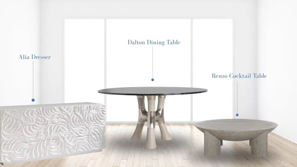 image of Alia Dresser, Dalton Dining Table, and Renzo Cocktail Table