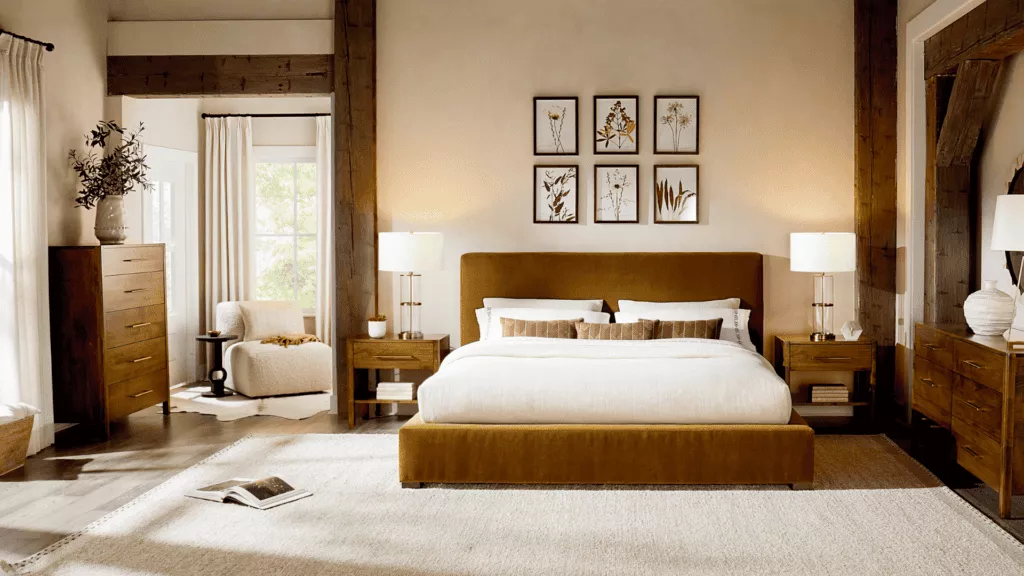 Brownish yellow upholstered bed