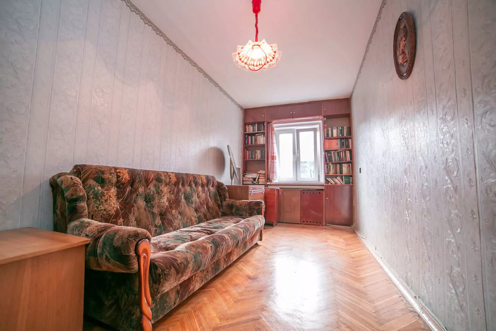 Old ugly apartment view from inside, interior, retro style, old